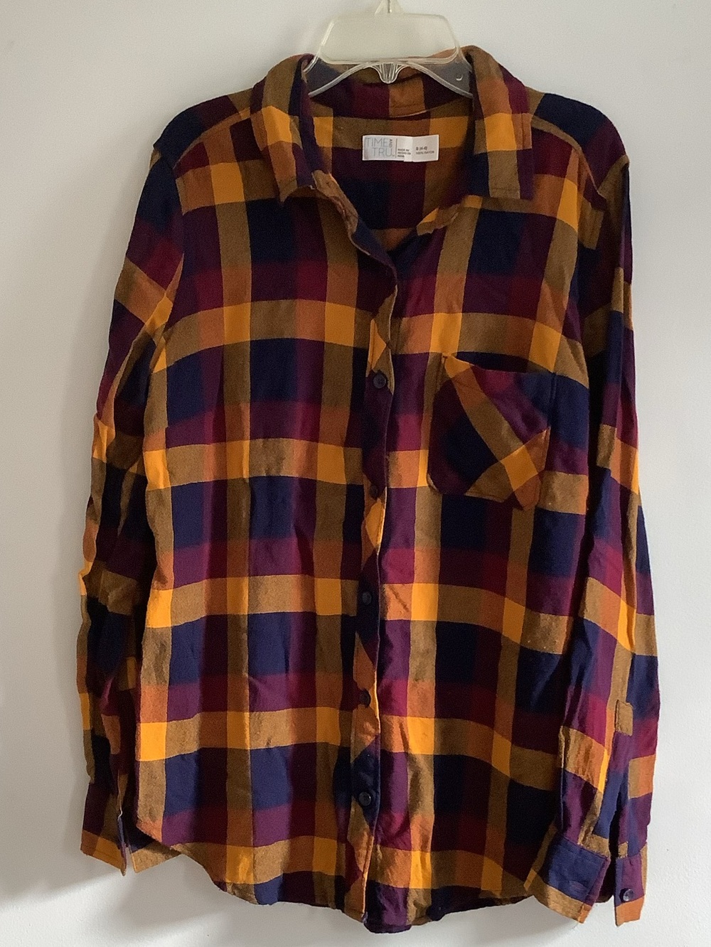 Time and Tru Fall Plaid Button Down Shirt Mustard Yellow Plum Small 4-6
